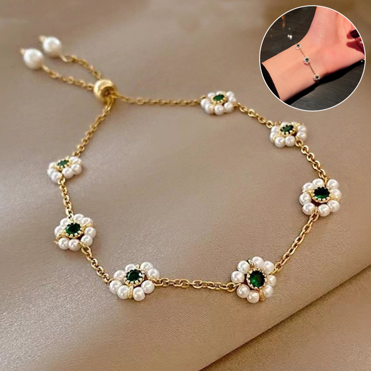MISTORA Pearl Flowers Bracelet All-match Fashion Adjustable Chain Bracelet