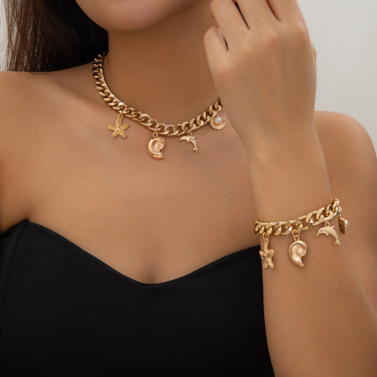Mistora24 Boho Conch Dolphin Starfish Jewelry Set – Trendy Vintage Tassel Choker & Bracelet for Women, Grunge Fashion Accessories - Image 2