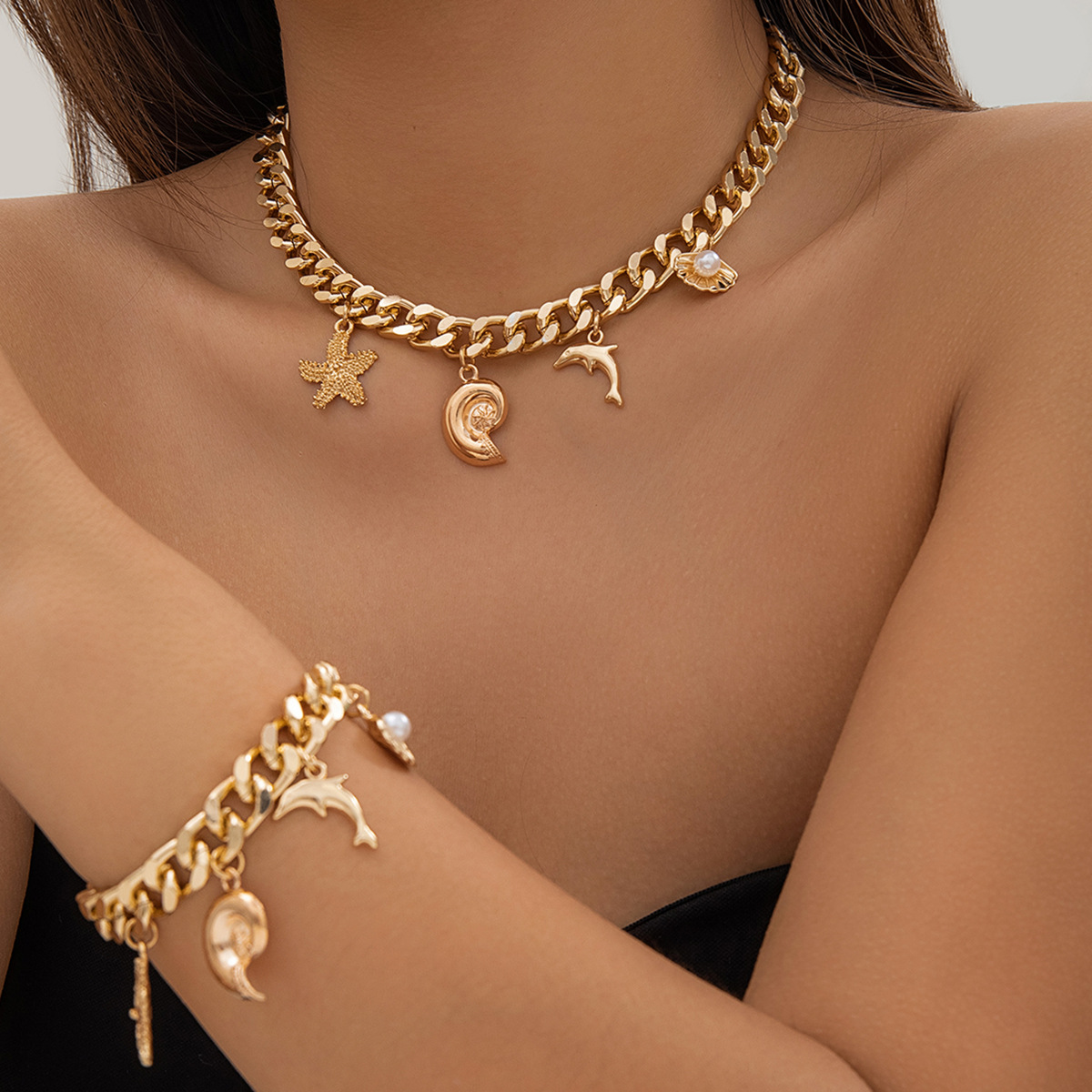 Mistora24 Boho Conch Dolphin Starfish Jewelry Set – Trendy Vintage Tassel Choker & Bracelet for Women, Grunge Fashion Accessories